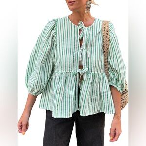 Women’s Peplum Top: Puff Sleeve, Tie Up- S